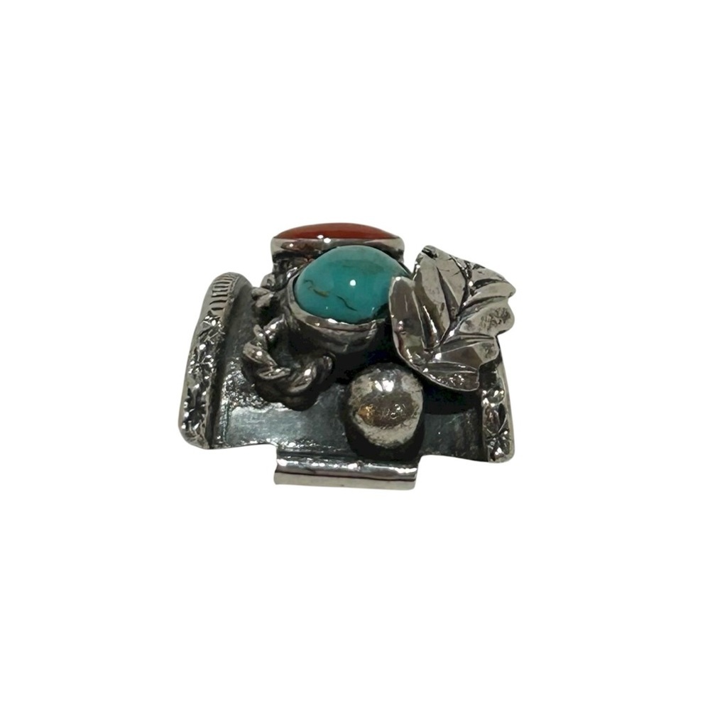 VINTAGE Native American Indian Sterling Silver piece Turquoise Coral Leaf - Picture 8 of 12